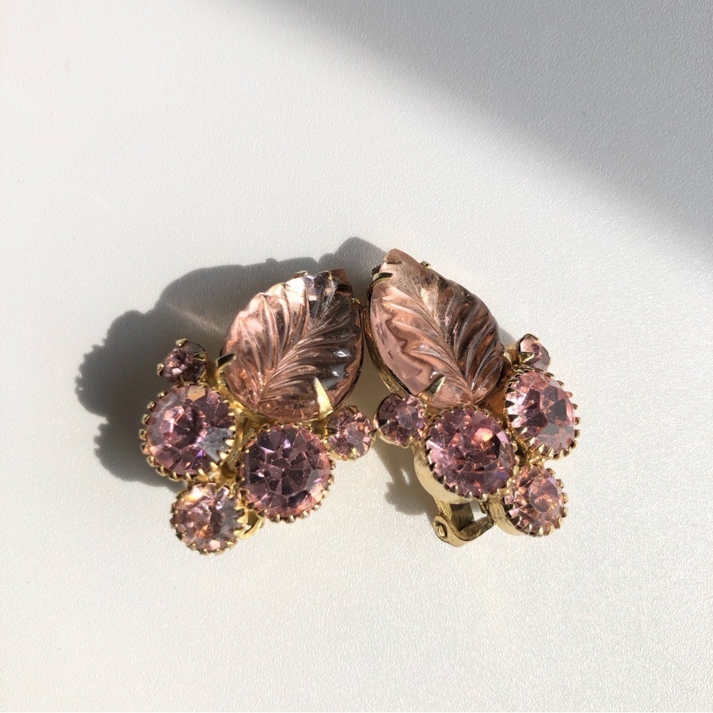Vintage Delizza & Elster Pink Frosted Carved Leaf & Crystal Clip-on Earrings